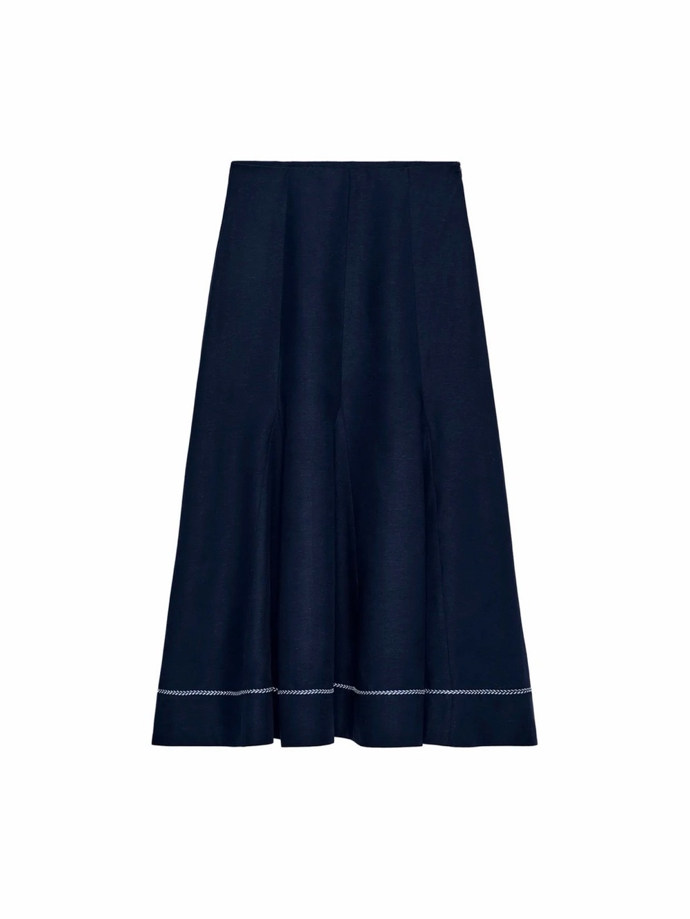 NWT Zara Embroidered A-Line Midi Skirt with Hem Stitching Navy Large